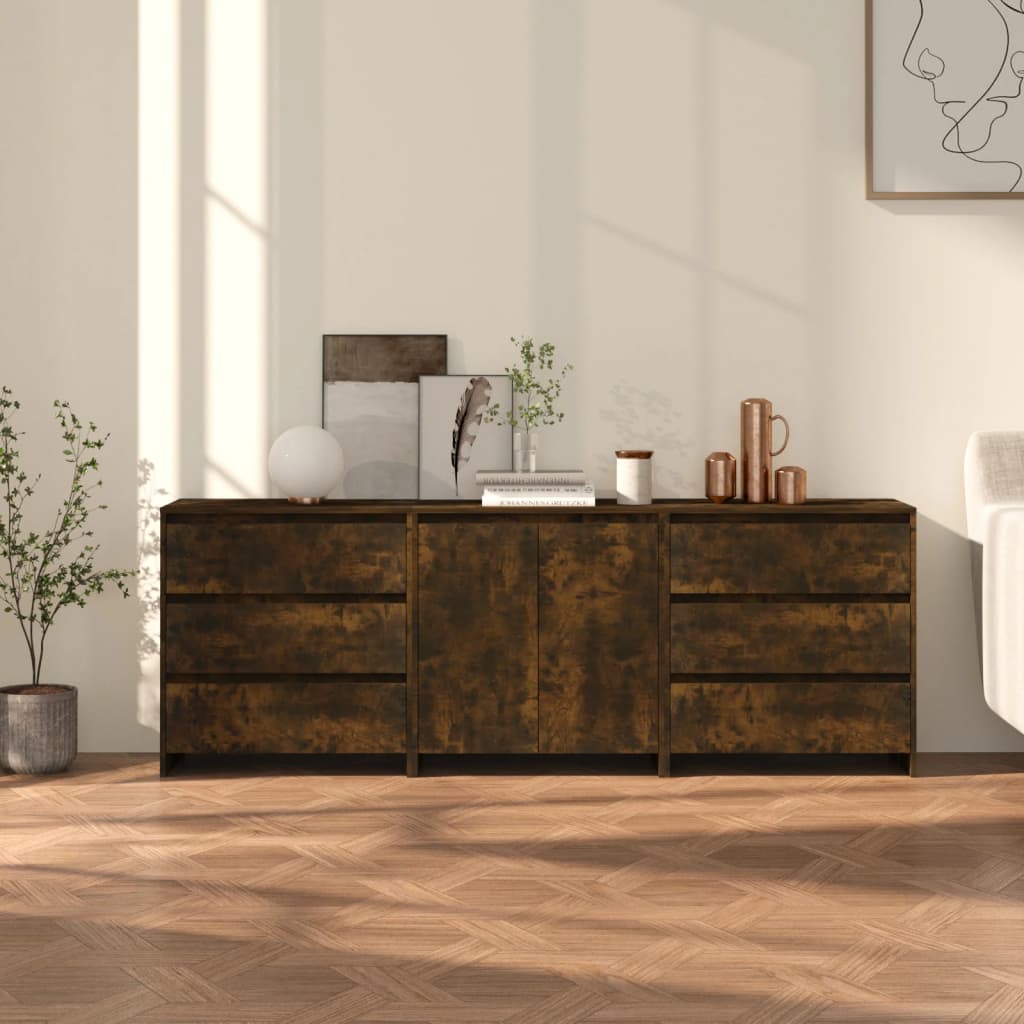 3-Delige Dressoirs Bewerkt Hout Artisanaal Eikenkleur