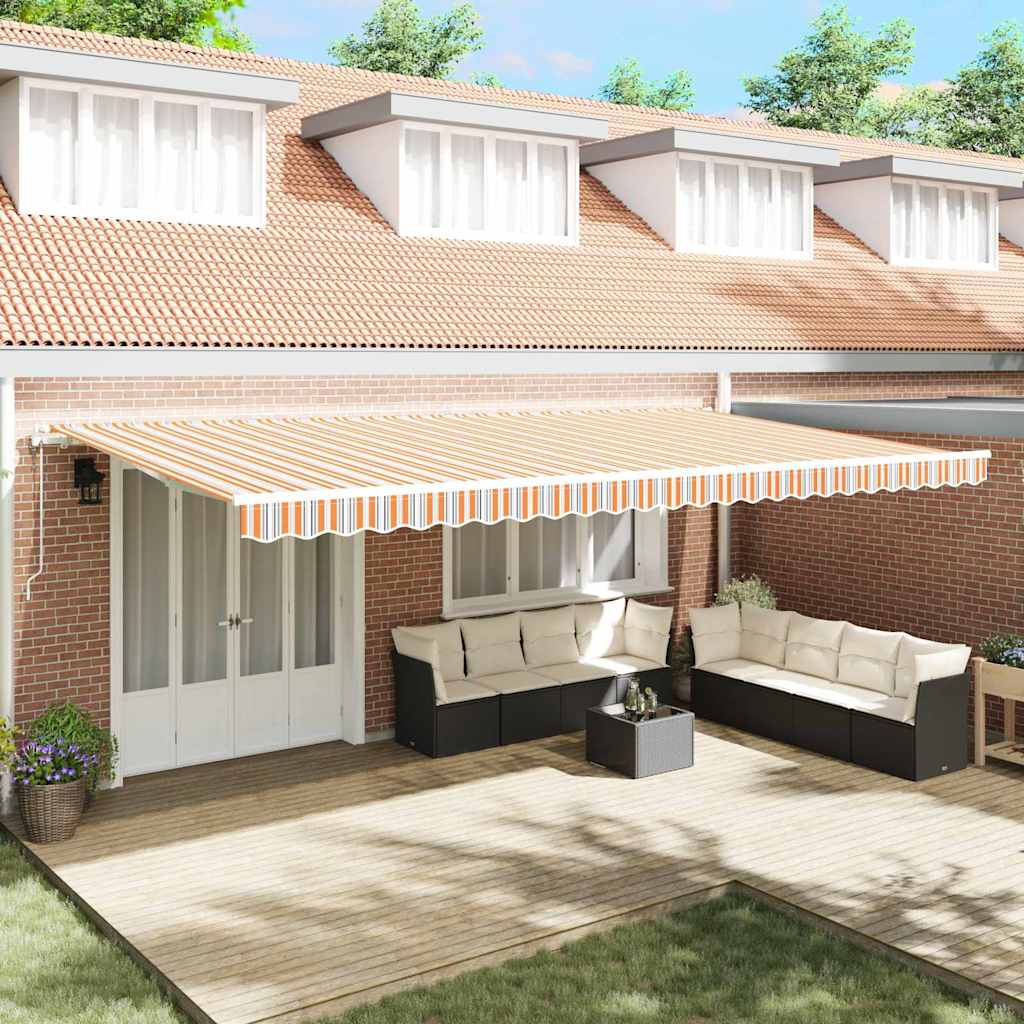Elektrisch Uittrekbaar Zonnescherm Multikleur 450 × 300 Cm Oranje, Grijs, Blauw En Wit