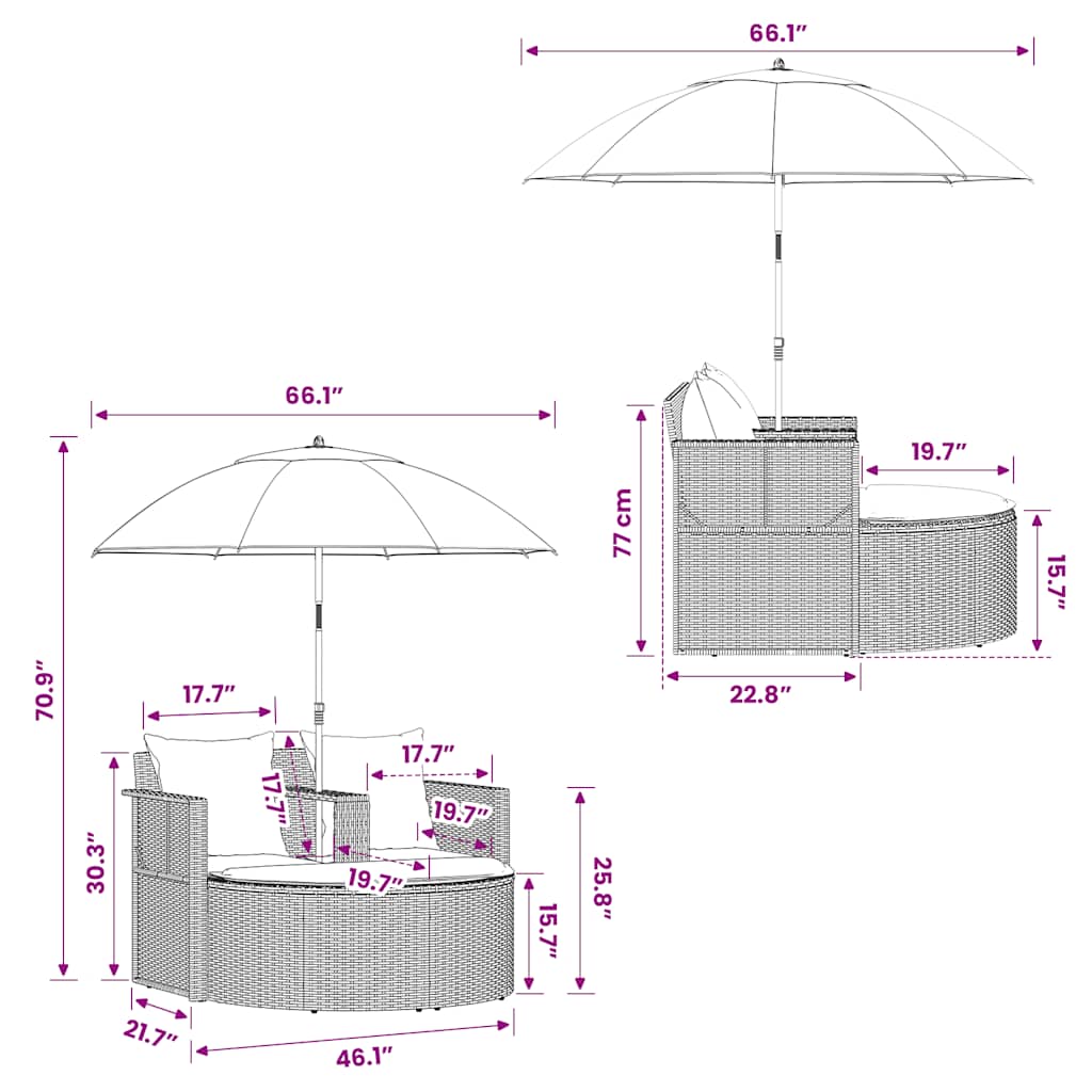 Tuinbank 2-Zits Met Kussens En Parasol Poly Rattan