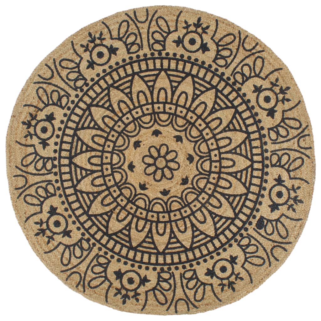 Vloerkleed Handgemaakt Met Zwarte Print Jute