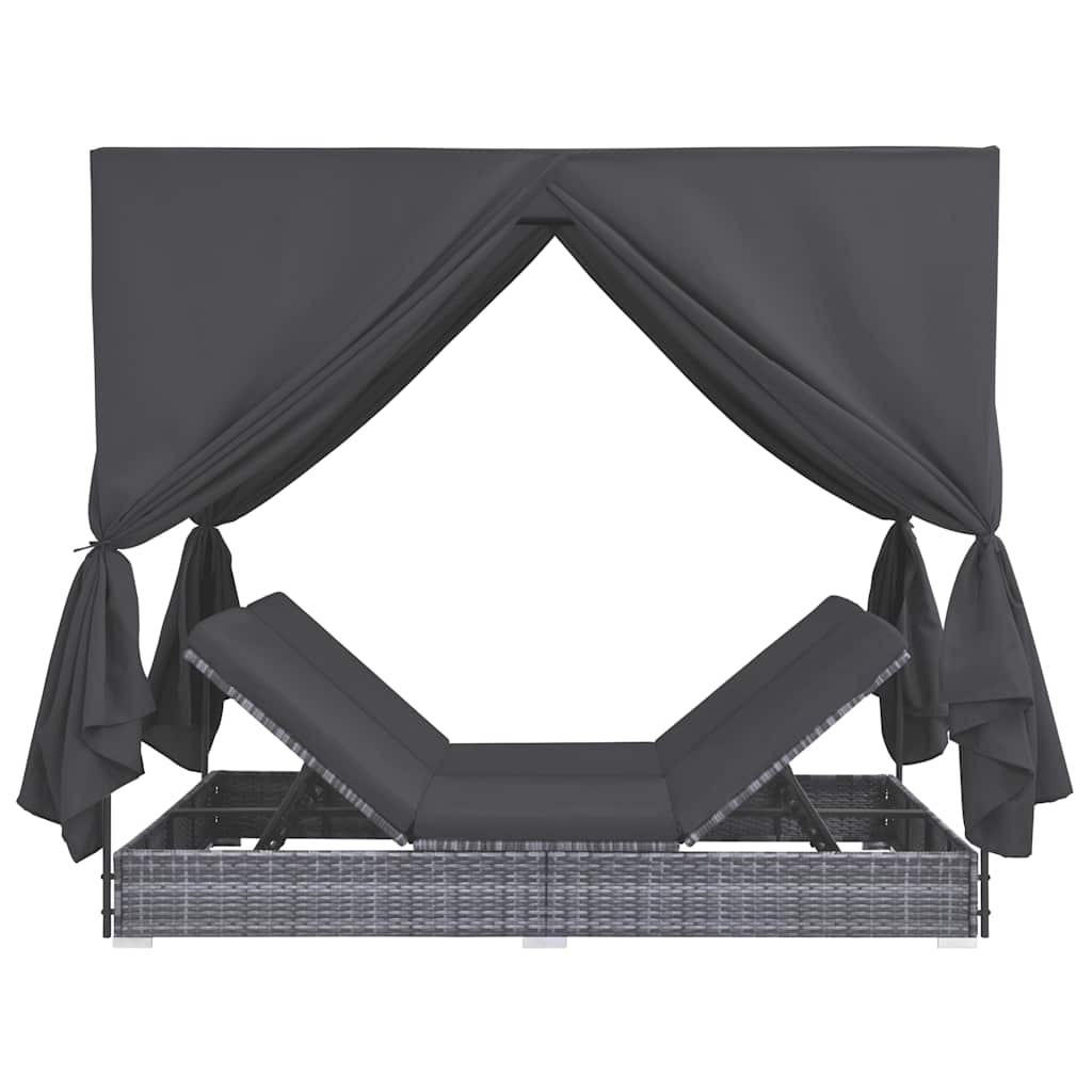 Loungebed Met Gordijnen Poly Rattan Grijs