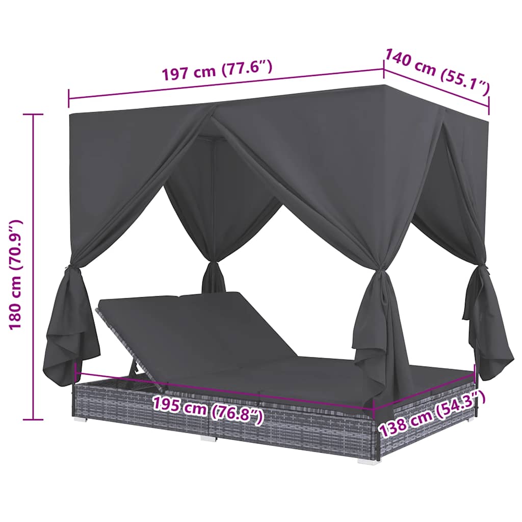Loungebed Met Gordijnen Poly Rattan Grijs
