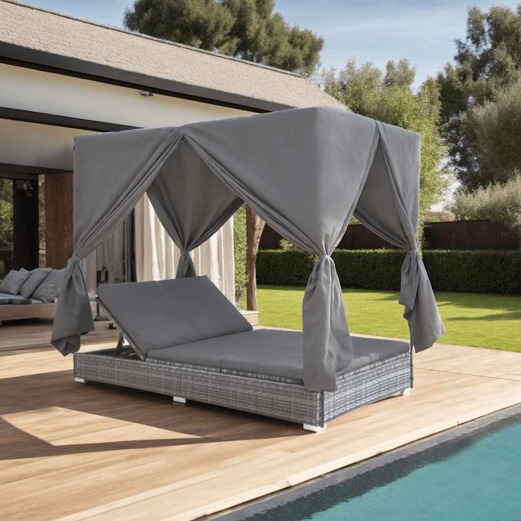 Loungebed Met Gordijnen Poly Rattan Grijs