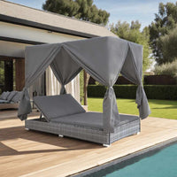 Loungebed Met Gordijnen Poly Rattan Grijs