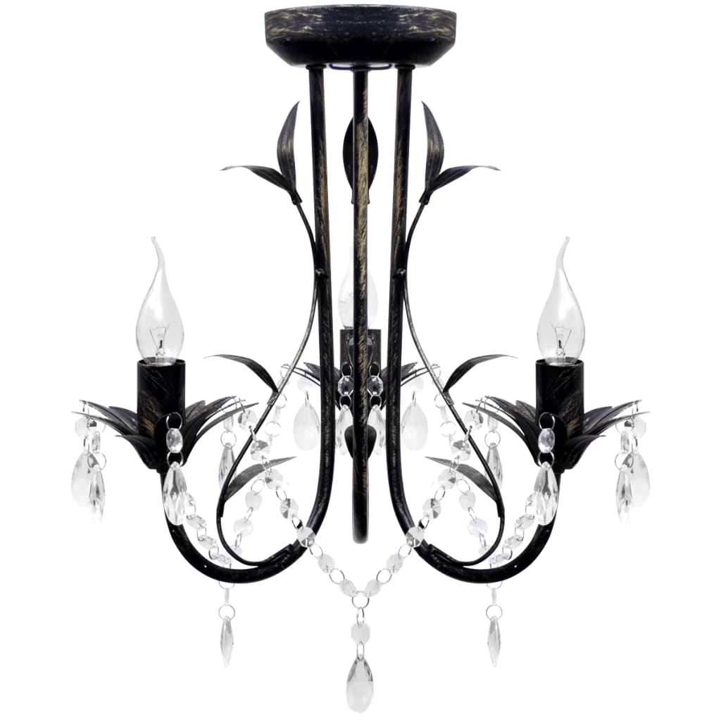 Kroonluchter Art Nouveau Metaal Kristallen Kralen 3 Gloeilampen Zwart