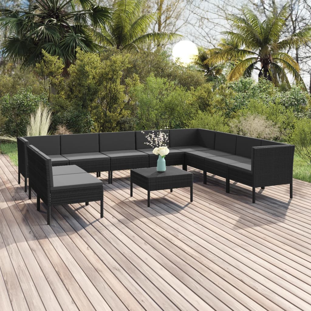 1 Loungeset Met Kussens Poly Rattan Zwart