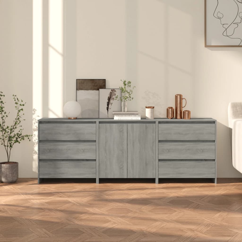 3-Delige Dressoirs Bewerkt Hout Artisanaal Eikenkleur