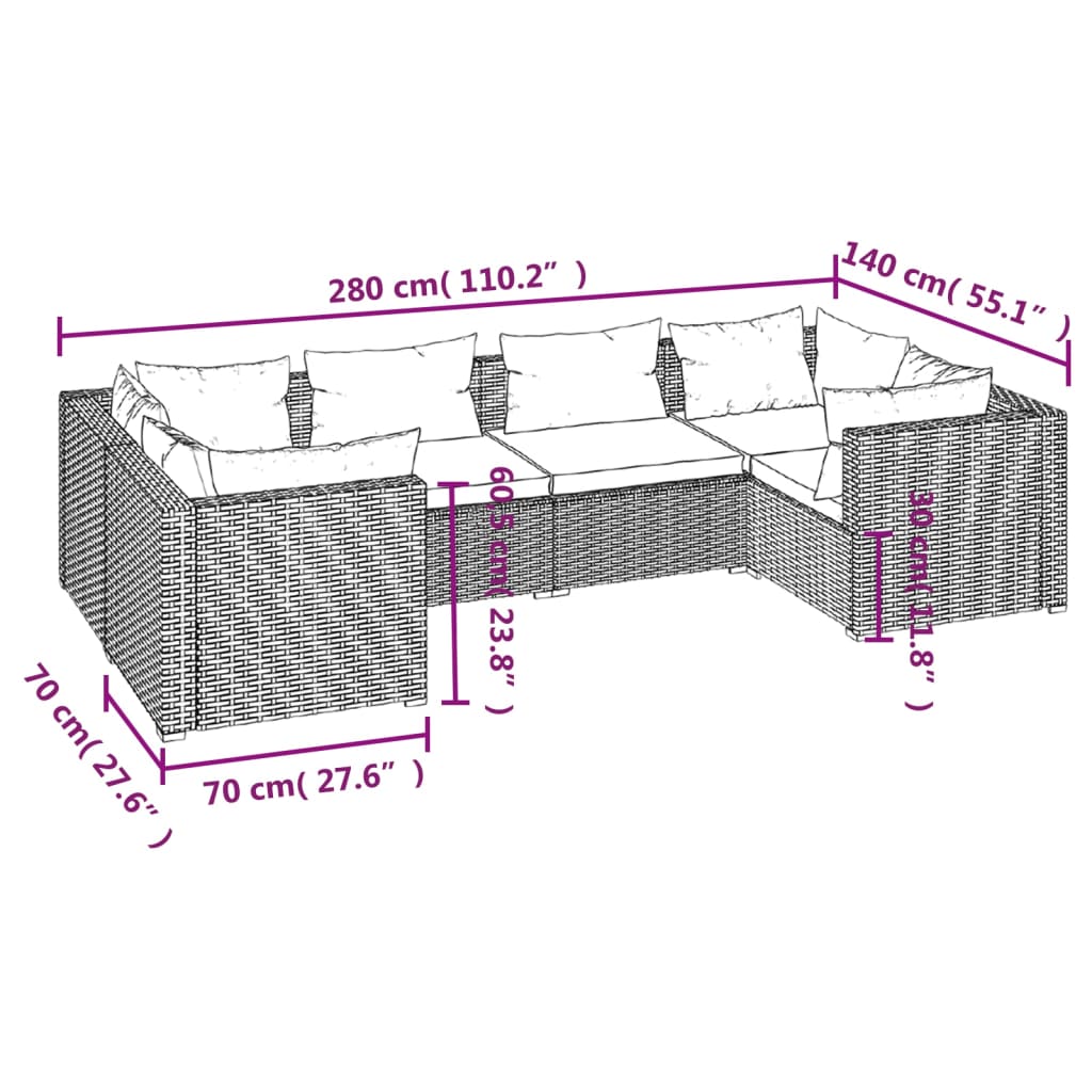 6-Delige Loungeset Met Kussens Poly Rattan