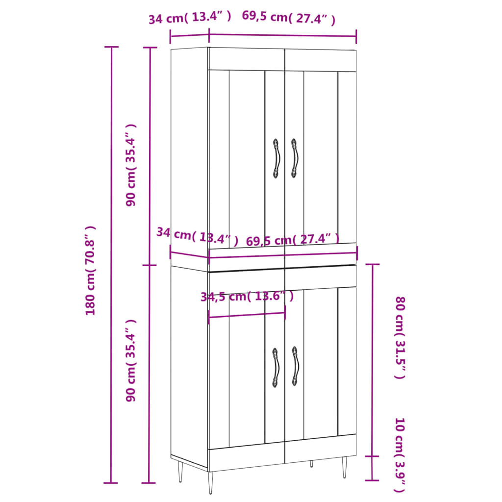 Hoge Kast 69,5X34X180 Cm Bewerkt Hout