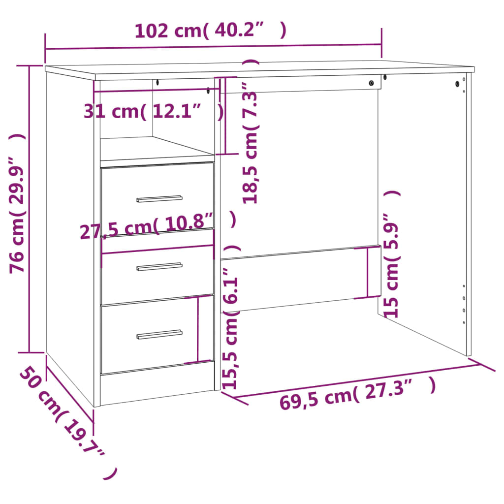 Bureau Met Lades 102X50X76 Cm Bewerkt Hout Kleurig