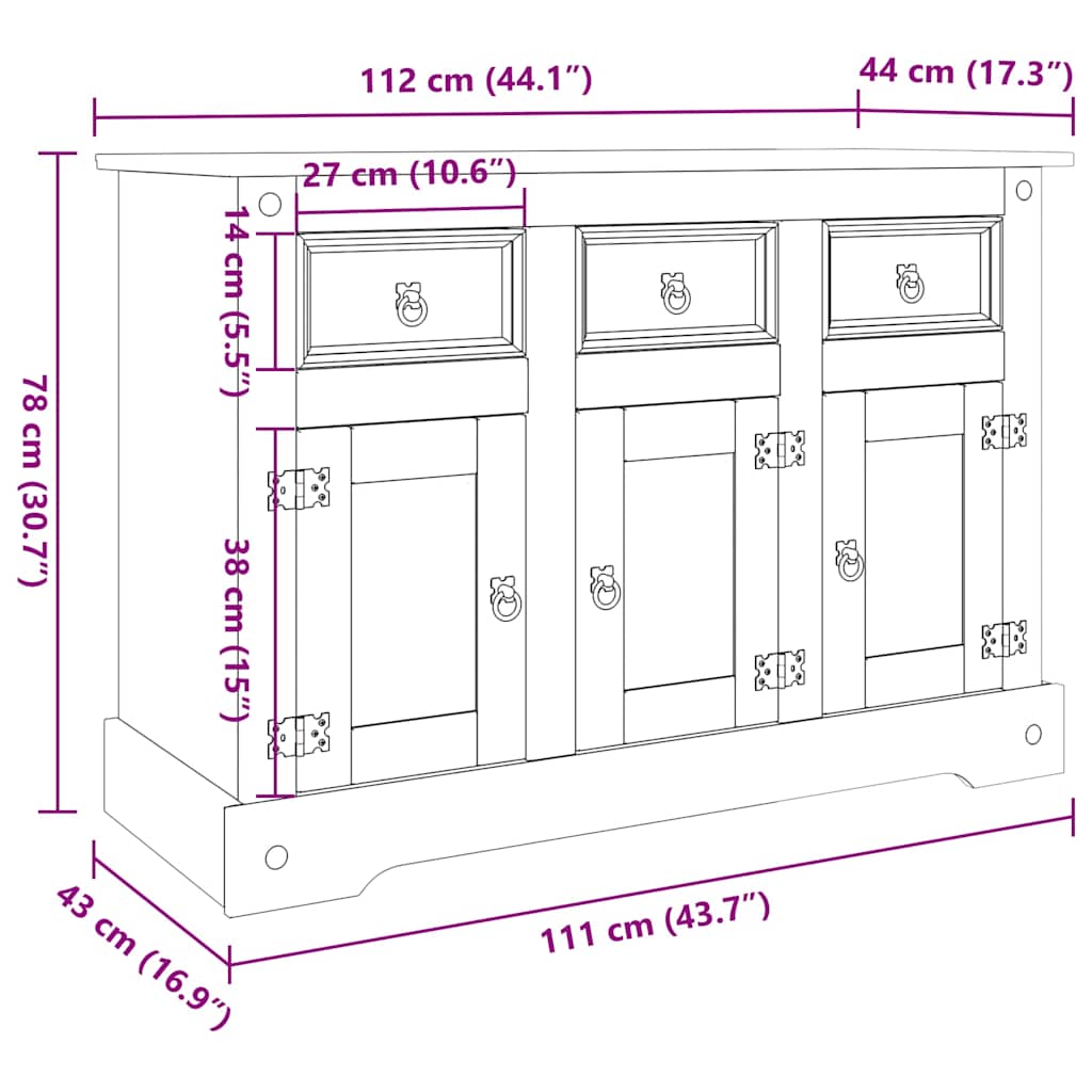 Dressoir Corona 112X43X78 Cm Massief Mexicaans Grenenhout
