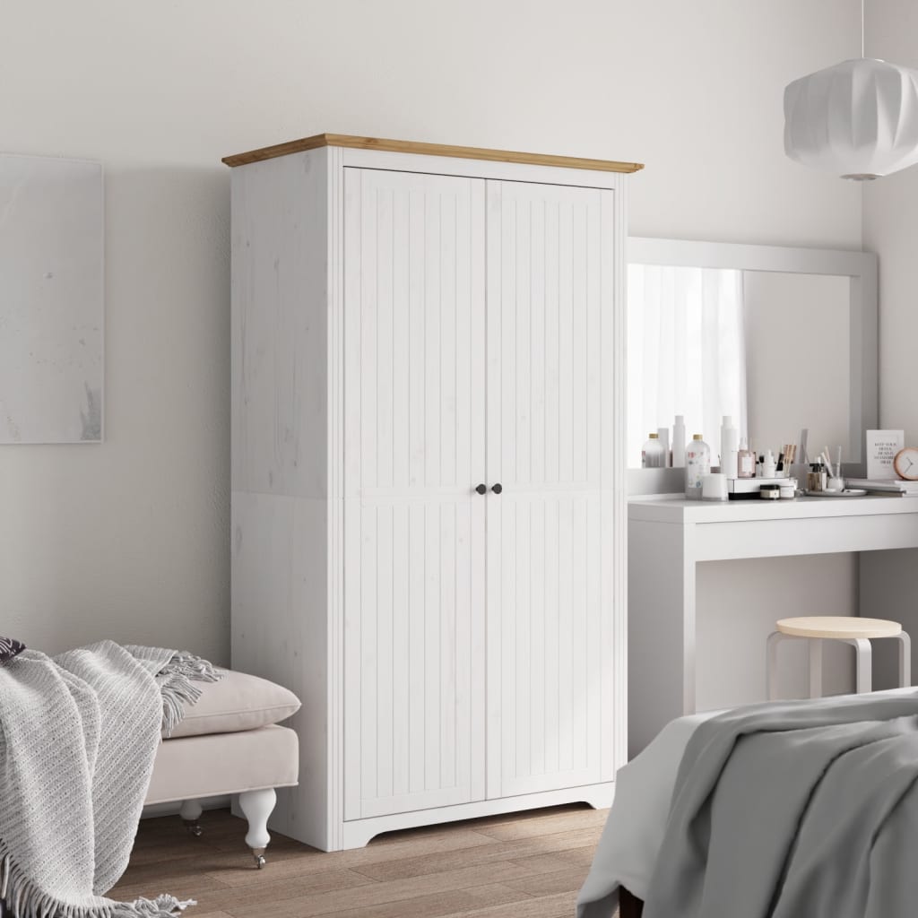 Kledingkast Bodo 146X53,5X173 Cm Massief Grenenhout Wit Bruin