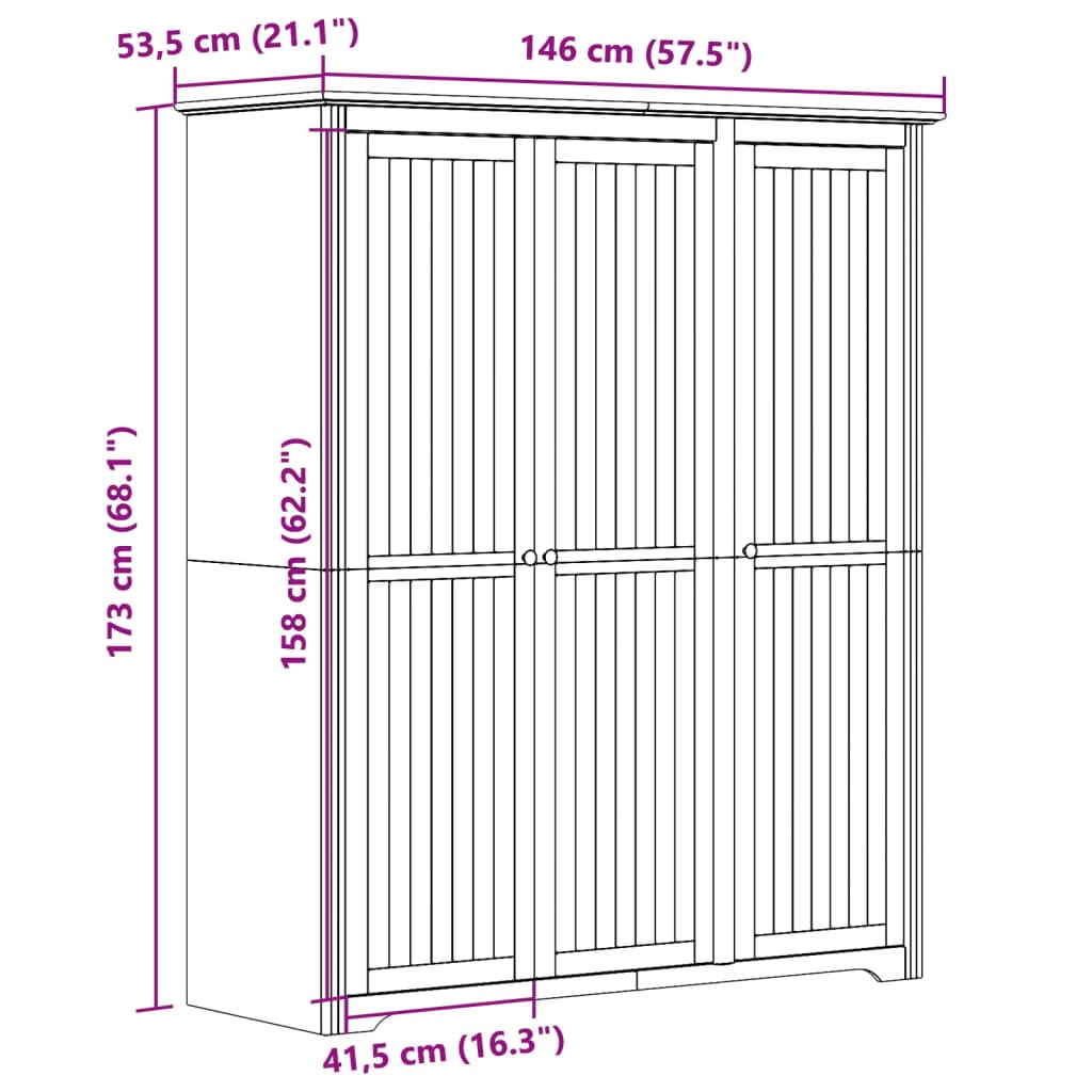 Kledingkast Bodo 146X53,5X173 Cm Massief Grenenhout Wit Bruin