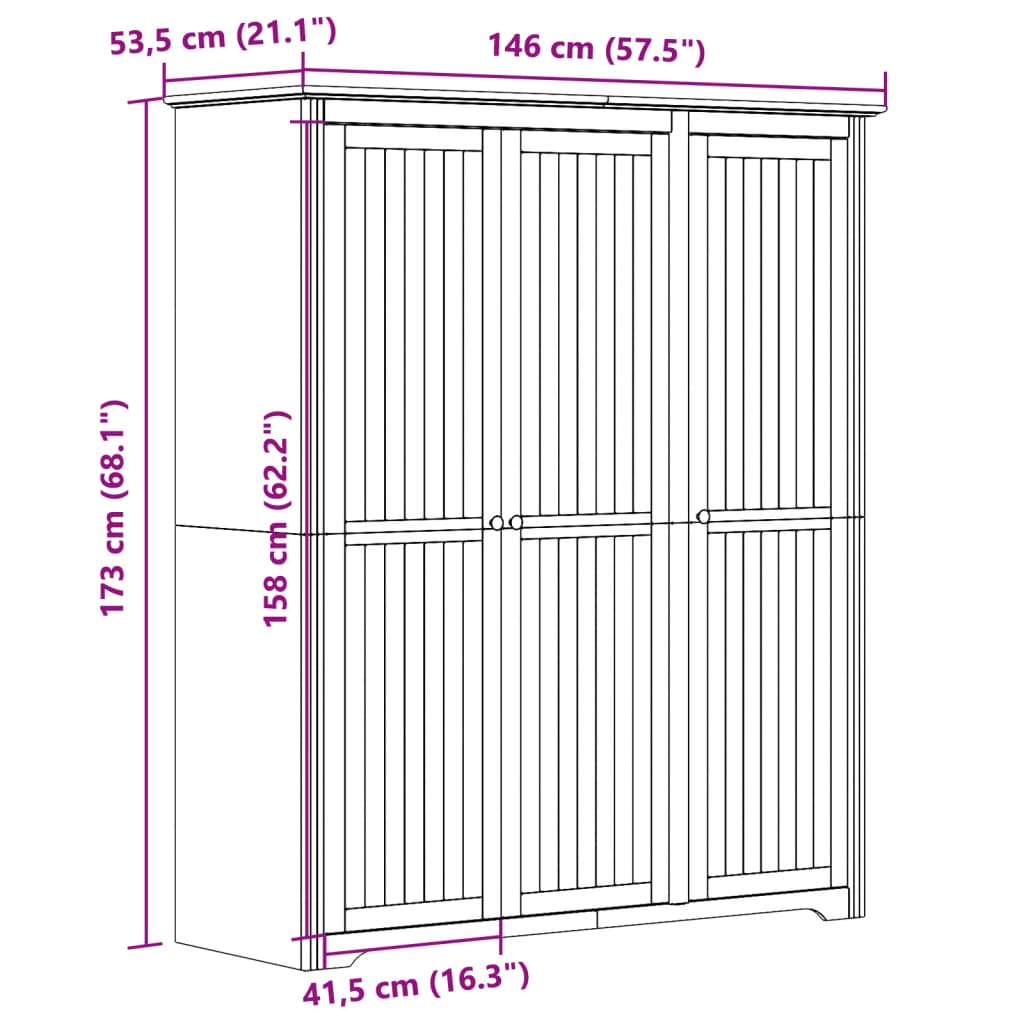 Kledingkast Bodo 146X53,5X173 Cm Massief Grenenhout Grijs