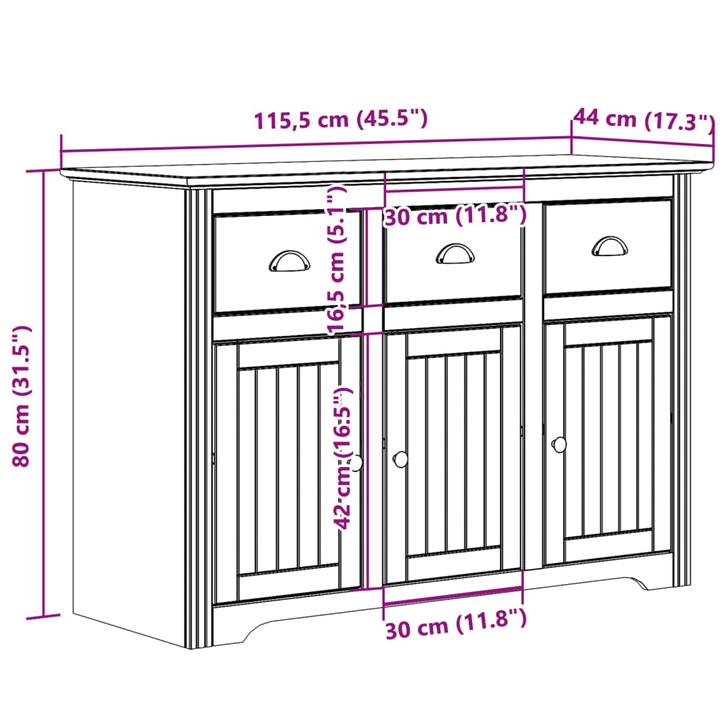 Dressoir Bodo 115,5X44X80 Cm Massief Grenenhout Wit En