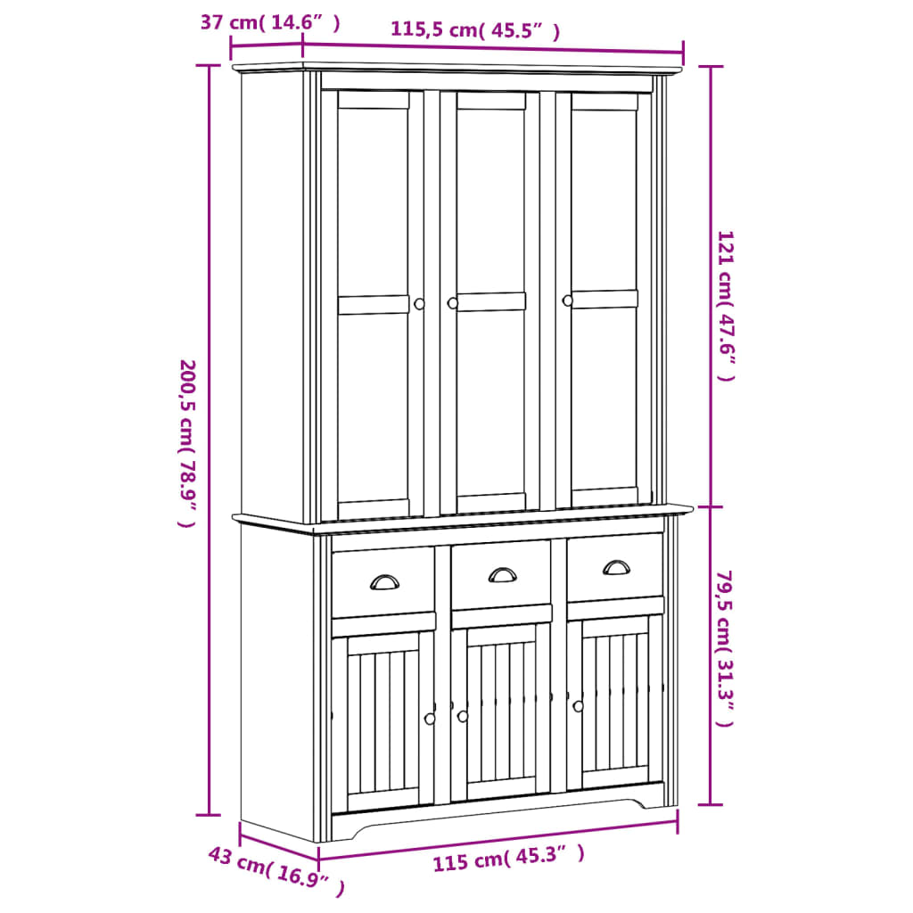 Hoge Kast Bodo 115,5X43X200,5 Cm Massief Grenenhout