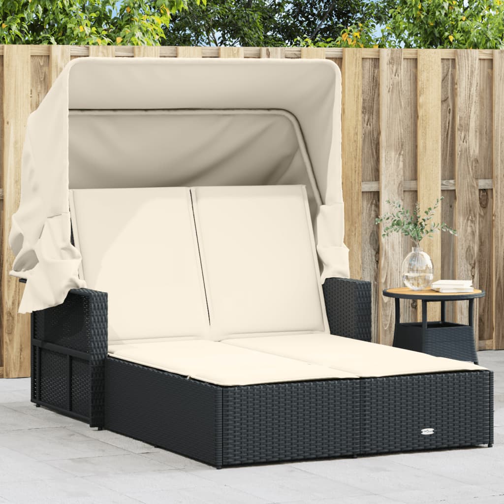 Ligbed 2-Persoons Met Luifel En Kussens Poly Rattan