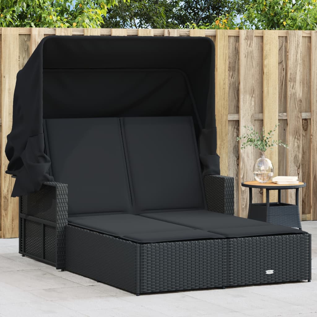 Ligbed 2-Persoons Met Luifel En Kussens Poly Rattan