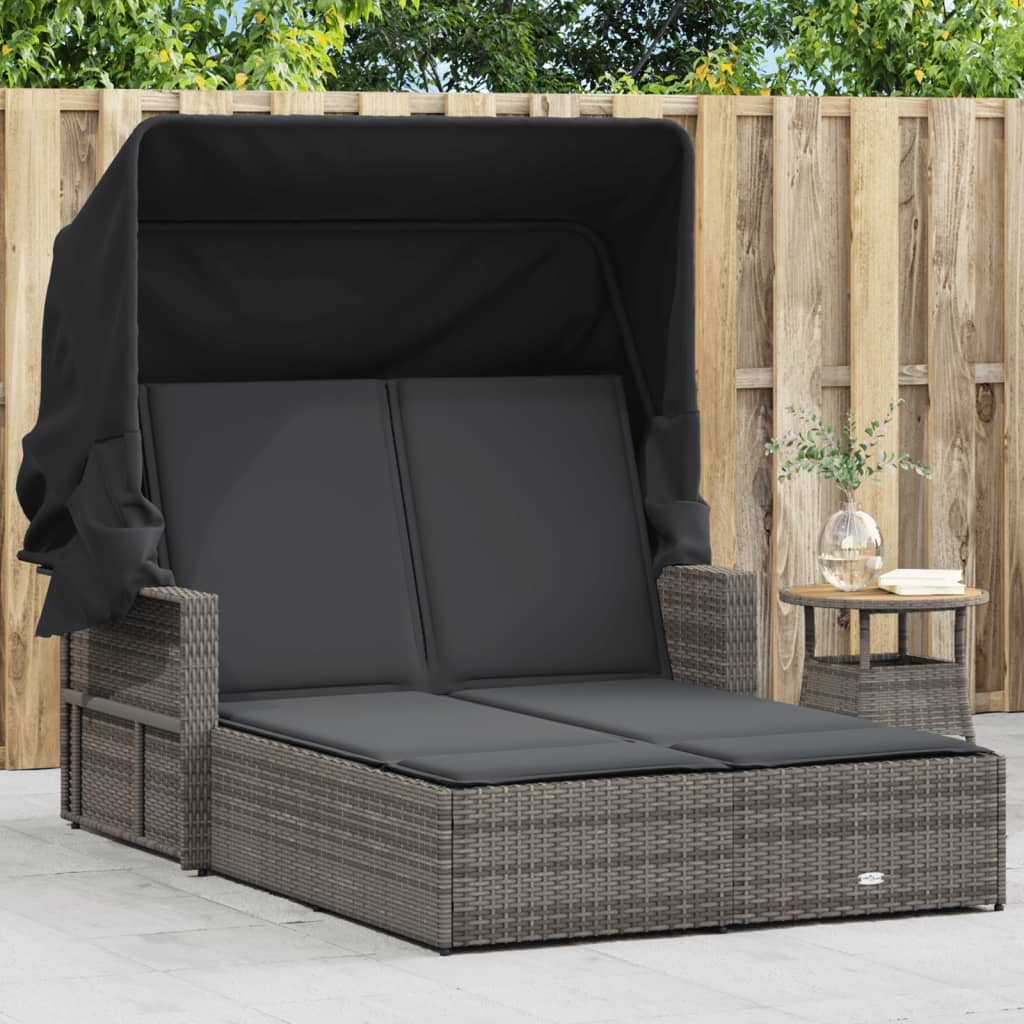 Ligbed 2-Persoons Met Luifel En Kussens Poly Rattan