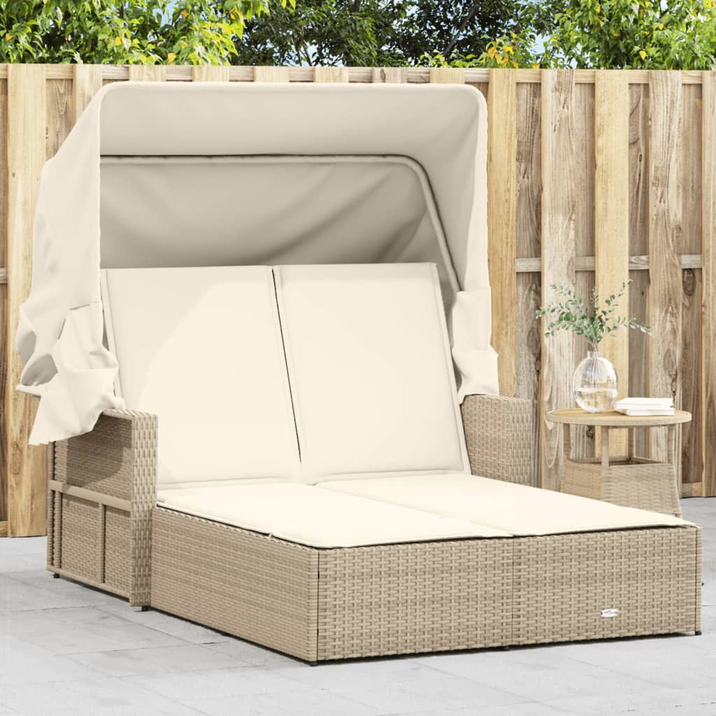 Ligbed 2-Persoons Met Luifel En Kussens Poly Rattan