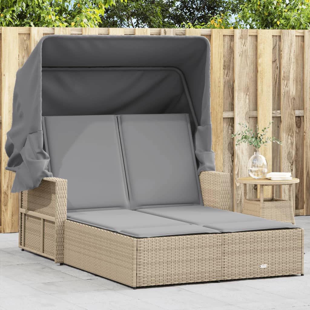Ligbed 2-Persoons Met Luifel En Kussens Poly Rattan