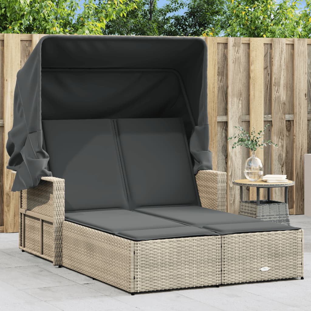 Ligbed 2-Persoons Met Luifel En Kussens Poly Rattan
