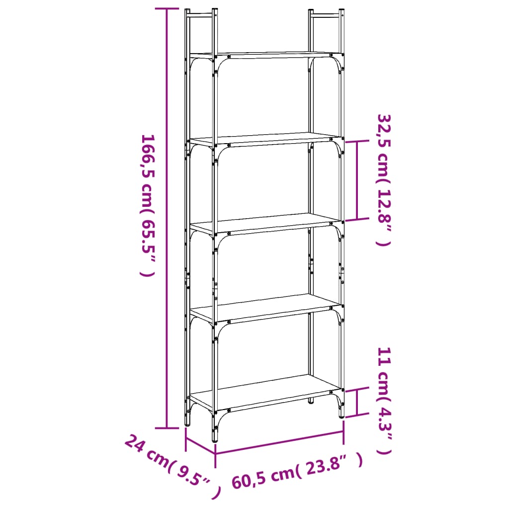 Boekenkast 5-Laags 60,5X24X166,5 Cm Bewerkt Hout