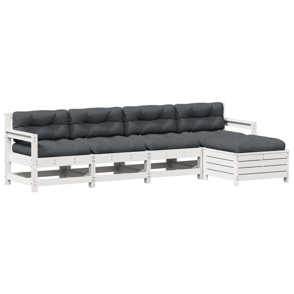 5-Delige Loungeset Met Kussens Massief Grenenhout Wit