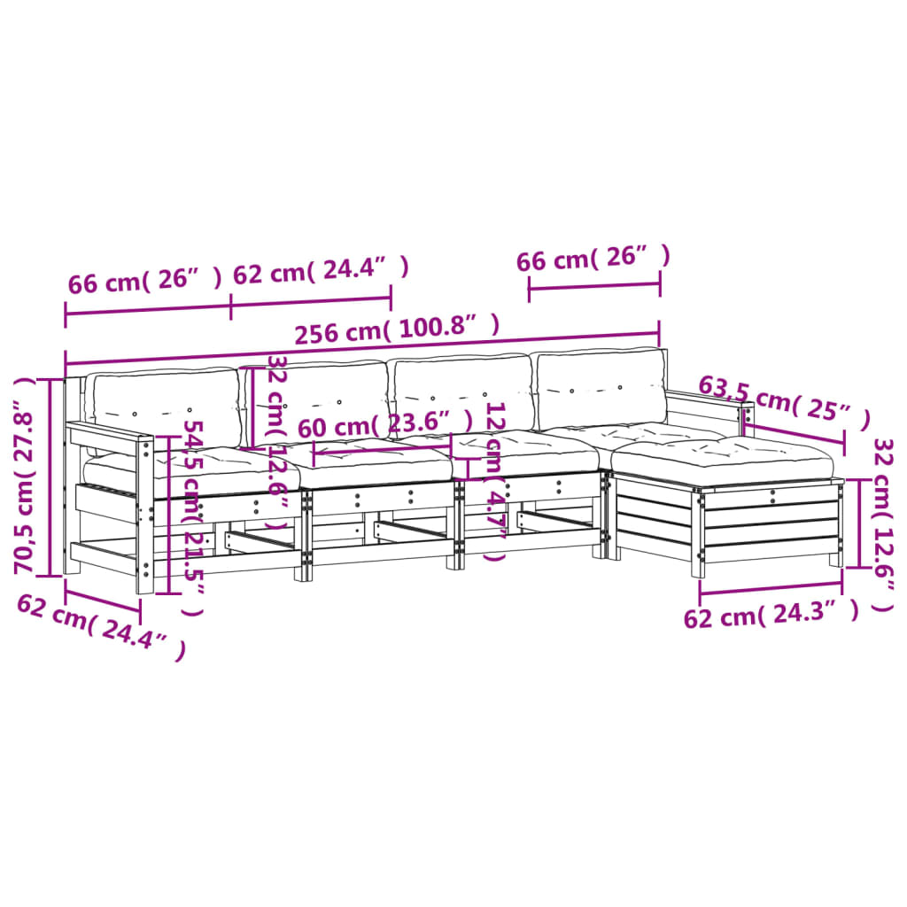 5-Delige Loungeset Met Kussens Massief Grenenhout Wit