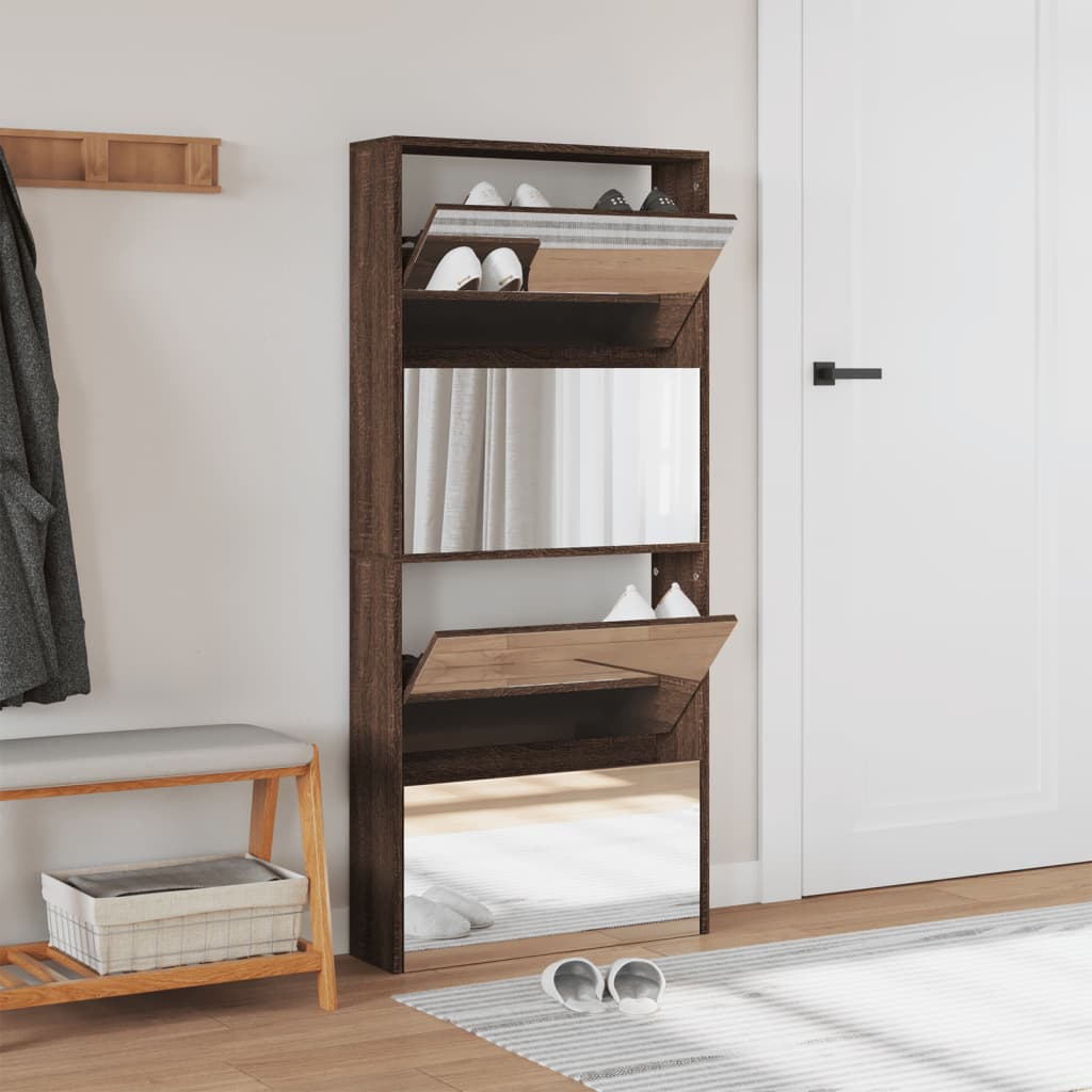 Schoenenkast Met Spiegel 4-Laags 63X17X134 Cm Bruin Eikenkleur