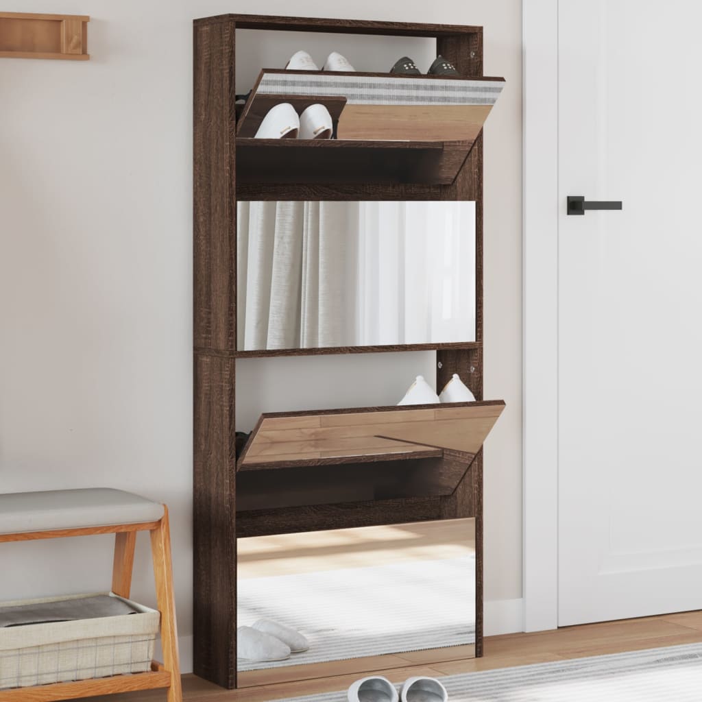 Schoenenkast Met Spiegel 4-Laags 63X17X134 Cm Bruin Eikenkleur