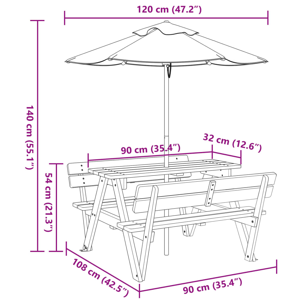 Picknicktafel Voor 4 Kinderen Met Parasol Massief Vurenhout