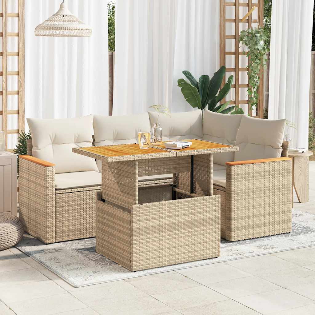 5-Delige Loungeset Met Kussens Poly Rattan Acacia