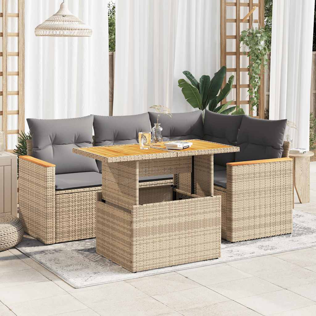 5-Delige Loungeset Met Kussens Poly Rattan Acacia