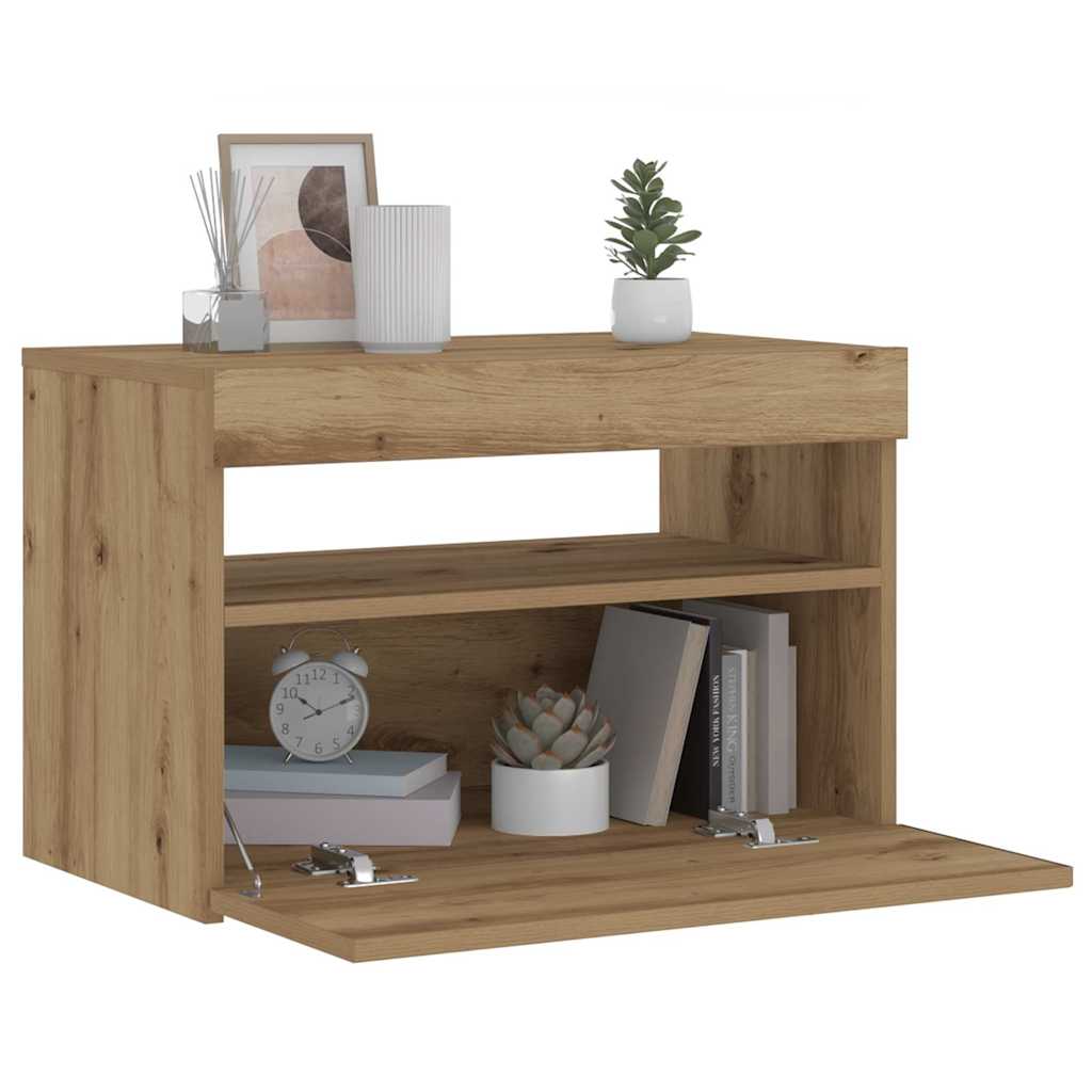 Nachtkastje Met Led 60X35X40 Cm Bewerkt Hout Artisanaal Eiken