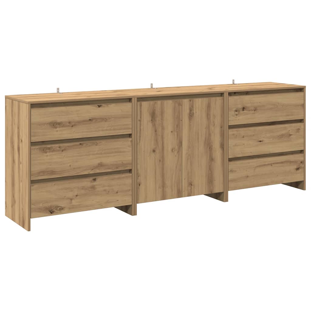 3-Delige Dressoirs Bewerkt Hout Artisanaal Eikenkleur