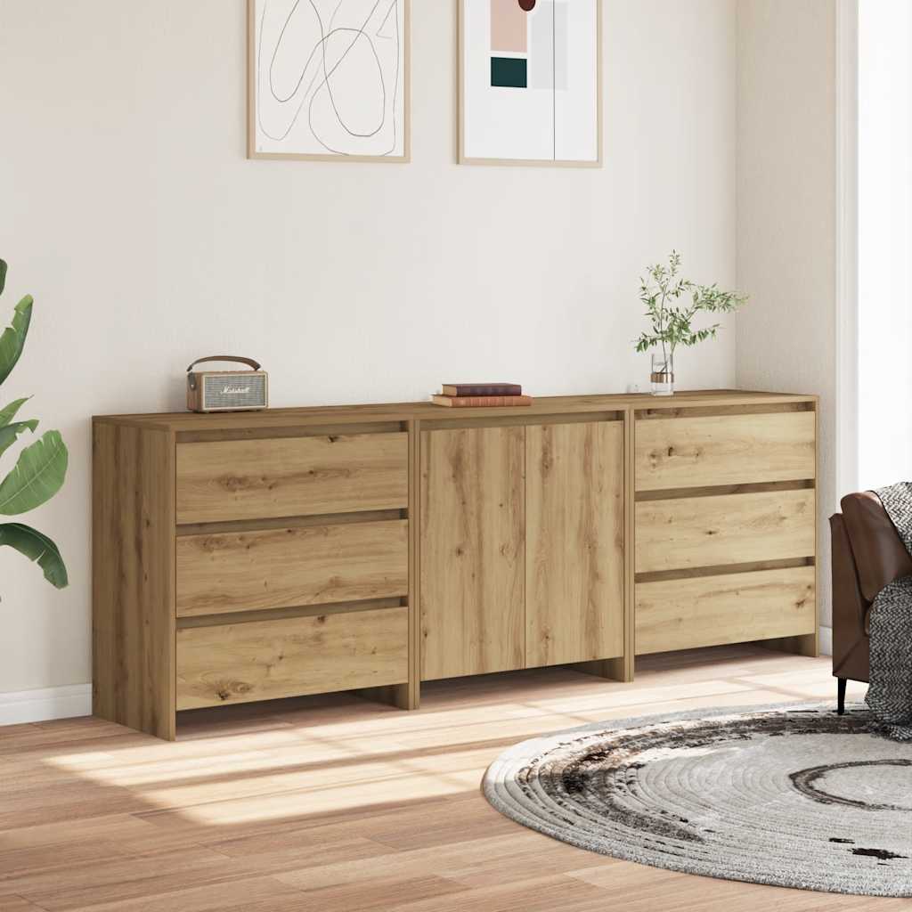 3-Delige Dressoirs Bewerkt Hout Artisanaal Eikenkleur
