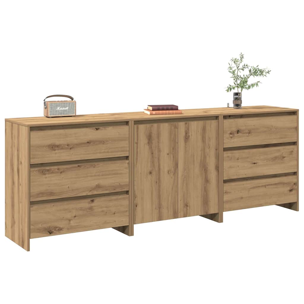 3-Delige Dressoirs Bewerkt Hout Artisanaal Eikenkleur
