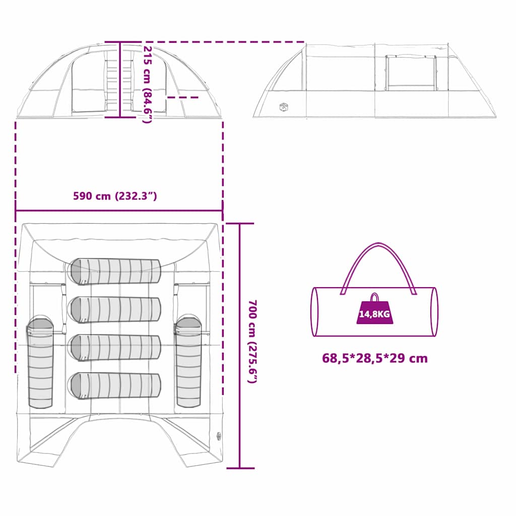 Tunnel Tent 6-Persoon Met Dak En Grijs 700 X 590 X 215 Cm