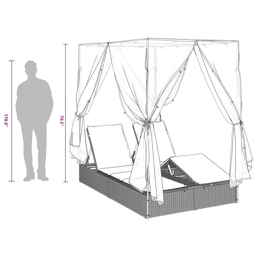 Dubbele Ligbed Verstelbaar Zwart 205 X 129 X 200 Cm Poly Rattan