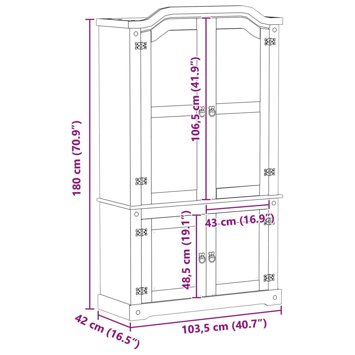 Vitrinekast 103,5 X 42 X 180 Cm Massief Grenenhout