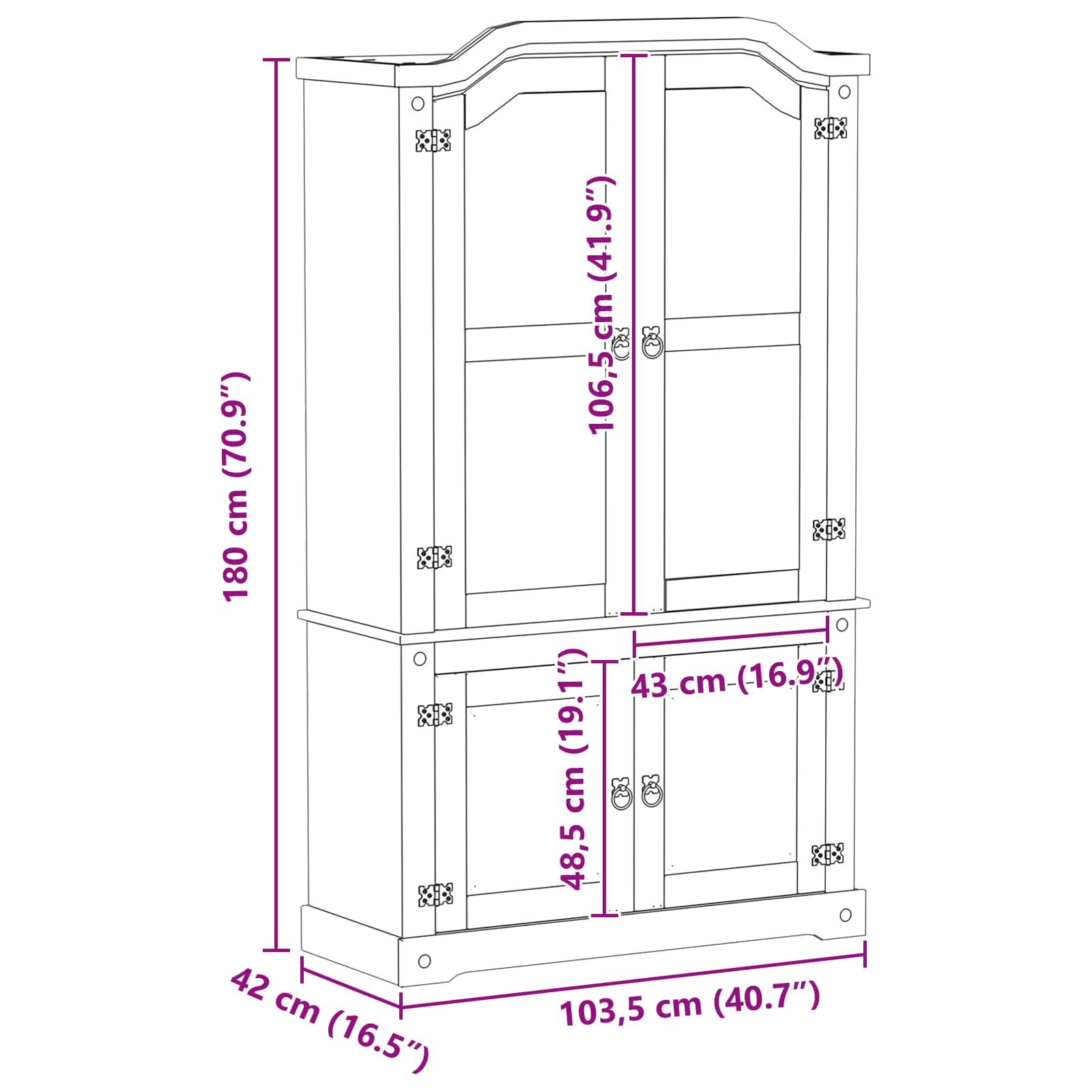 Vitrinekast 103,5 X 42 X 180 Cm Massief Grenenhout
