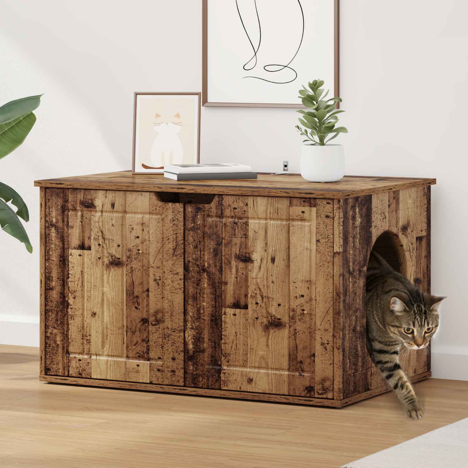 Kattenhuis Oudhout 85 X 55 X 50,5 Cm Bewerkt Hout